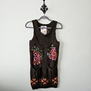Desigual Floral Embroidered Wool Cable Knit Dress Size M Brown Sleeveless EUC
